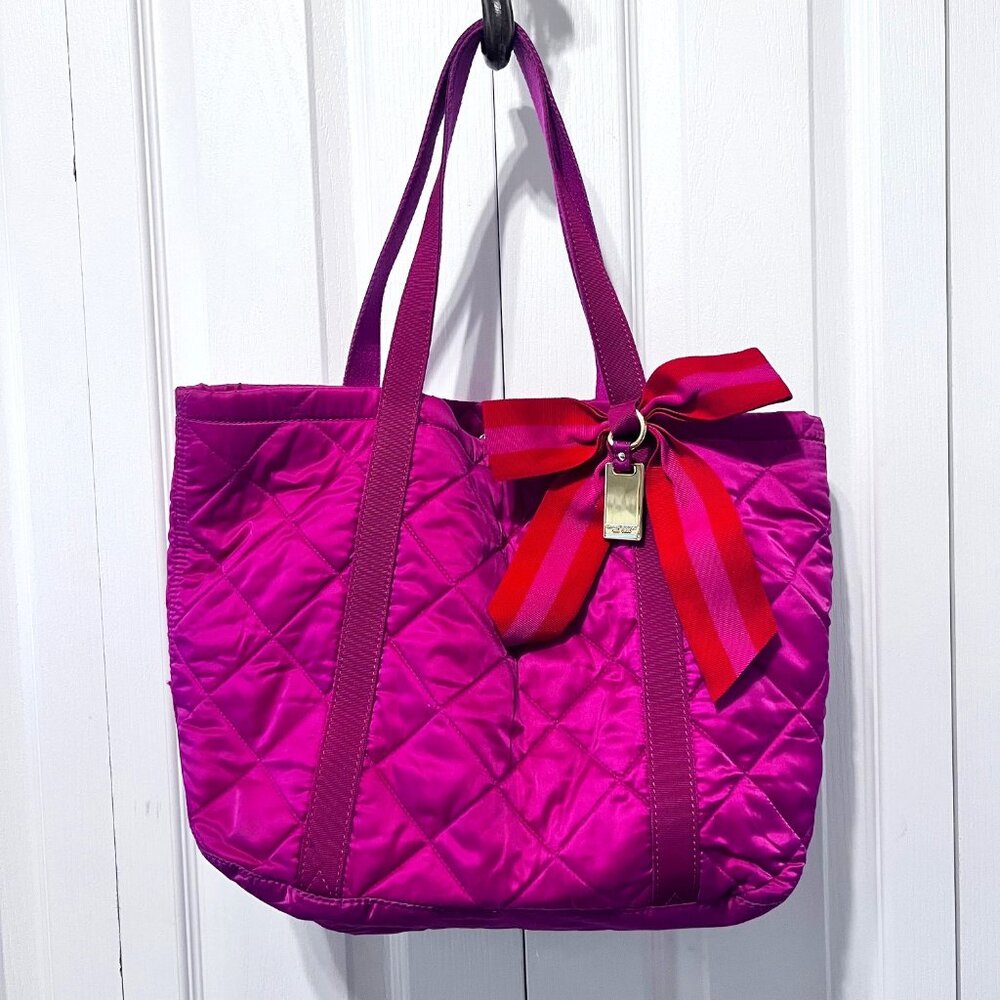 Tommy Hilfiger-Hot Pink/Red Nylon Quilted Tote Bag-Bow-Snap Closure-Canvas Strap